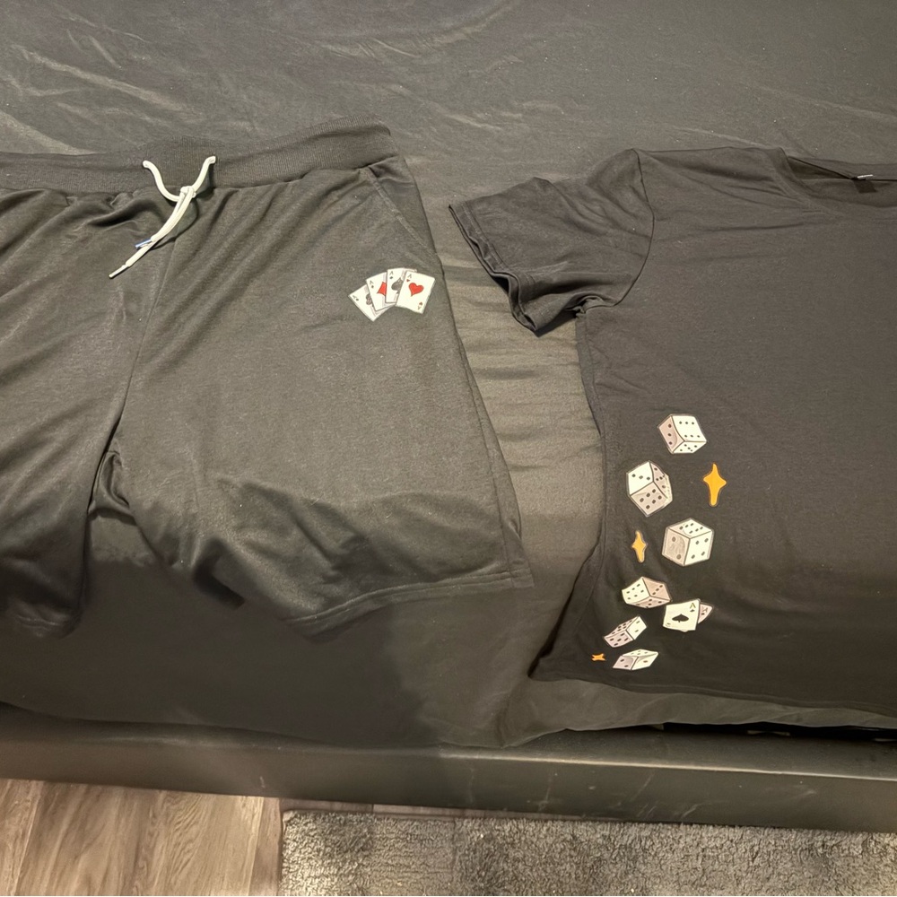 Black T-Shirt and Shorts Set with Dice and Card Design